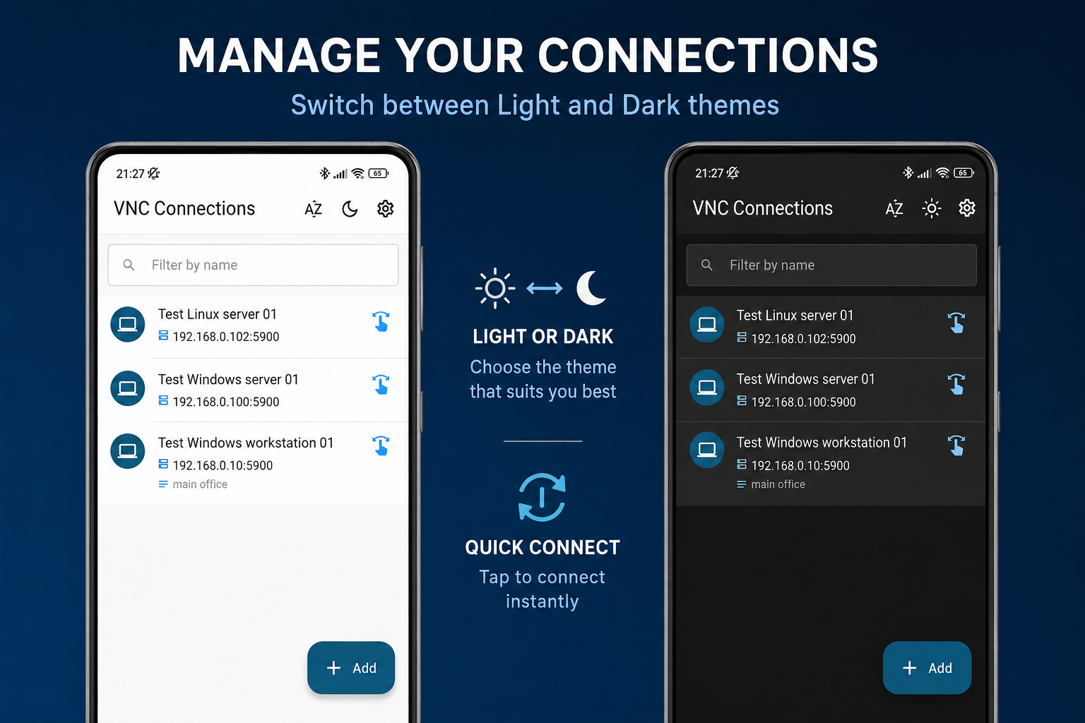 The SysOp connection list shown side by side in the light and the dark theme, with a quick-connect button on every entry.
