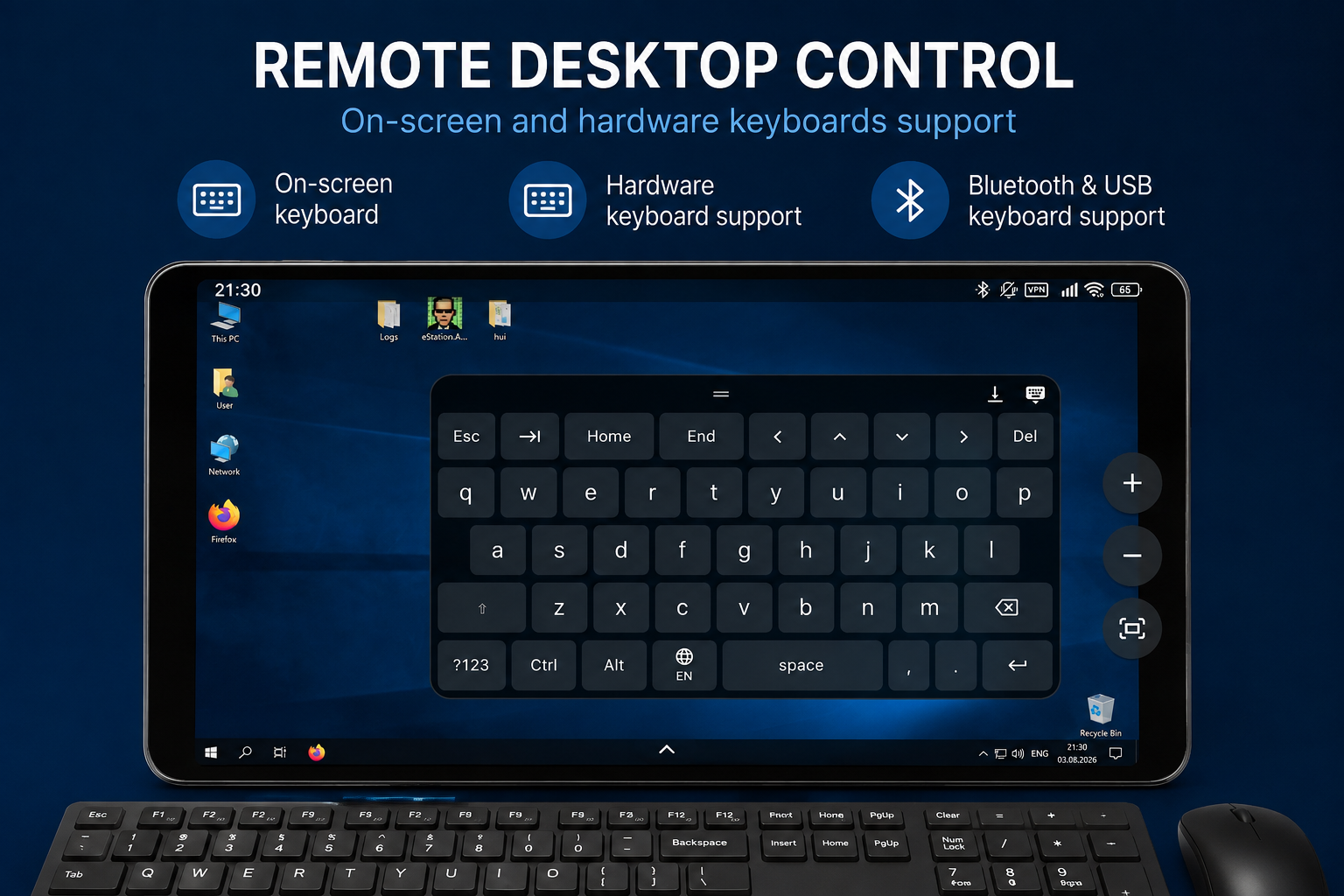 A Windows desktop running on an Android tablet with the floating on-screen keyboard open above it, next to a physical keyboard and mouse.