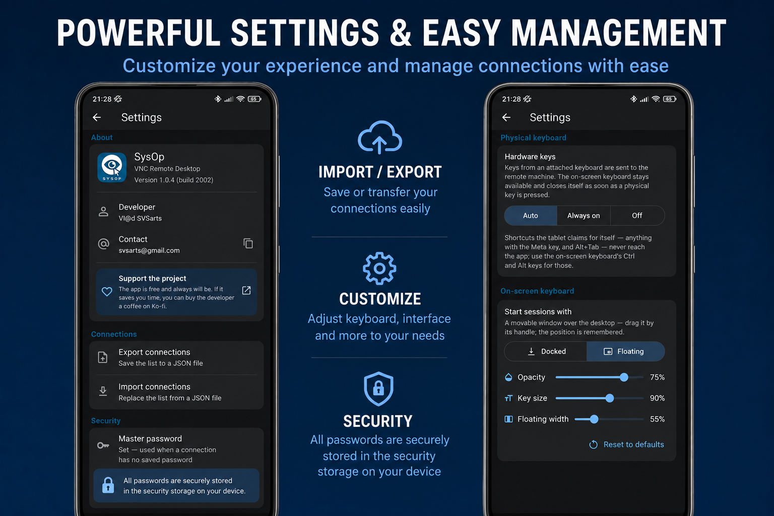 The SysOp settings screen: import and export of connections, master password, and the on-screen keyboard options.